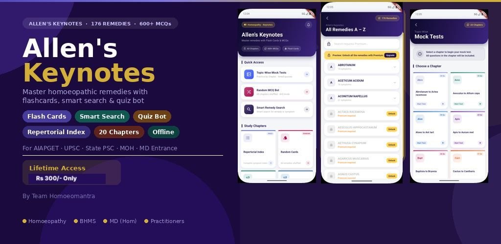 Allen's Keynotes app — 176 remedies, 600+ MCQs, flashcards and smart search