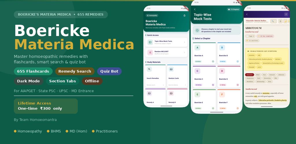 Boericke Materia Medica app — 655 remedies with dark mode and key symptom tags